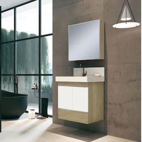 Conjunto para Banheiro com Espelheira, Gabinete, Lavatório em Porcelanato com Cuba Esculpida Bumi Wood/Branco