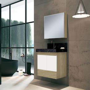 Conjunto para Banheiro com Espelheira, Gabinete, Lavatório em Porcelanato com Cuba Esculpida Bumi Wood/Branco/Preto