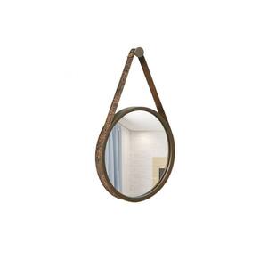 Espelho Decorativo Adnet Marrom Alça Corino Rajado 20cm Redondo