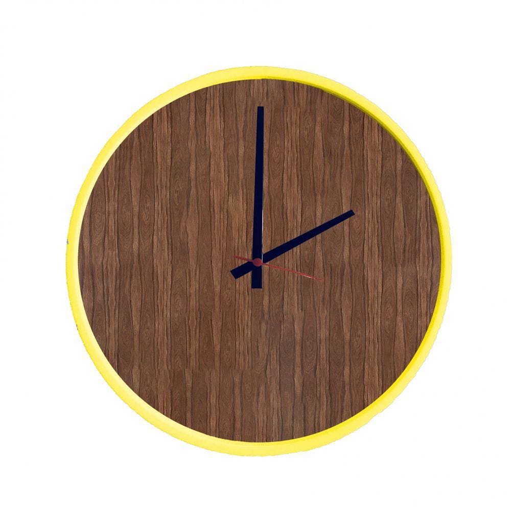 Relógio Round Amarelo Mostrador Pau Ferro Ponteiro Preto 50 cm