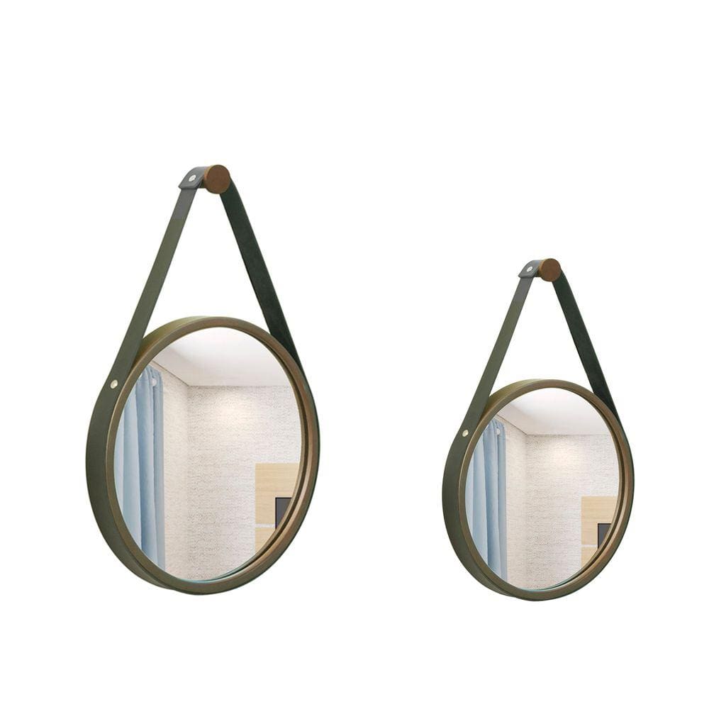Kit Espelho Decorativo Adnet Branco Alça Corino Caramelo 20 e 30cm Redondo