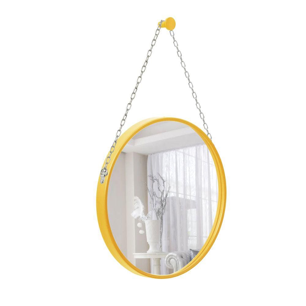 Espelho Decorativo Adnet Amarelo Alça Corrente Cromada 40cm Redondo