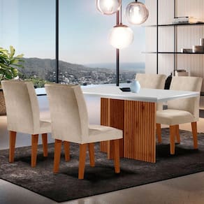 Sala de Jantar Mesa Olimpia 120 MDF Canto Copo com 4 Cadeiras Grecia