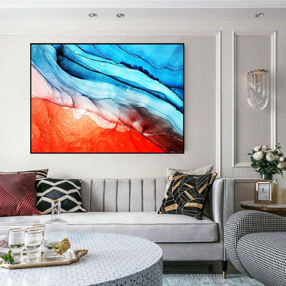 Quadro Canvas Abst. Marmorizado Azul e Laranja 40x60