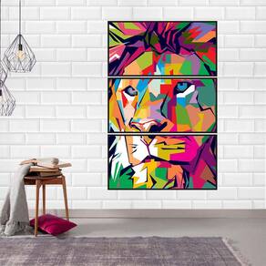 Quadro Canvas Decorativo para Sala 3 Telas Leão Colorido 55x1,10