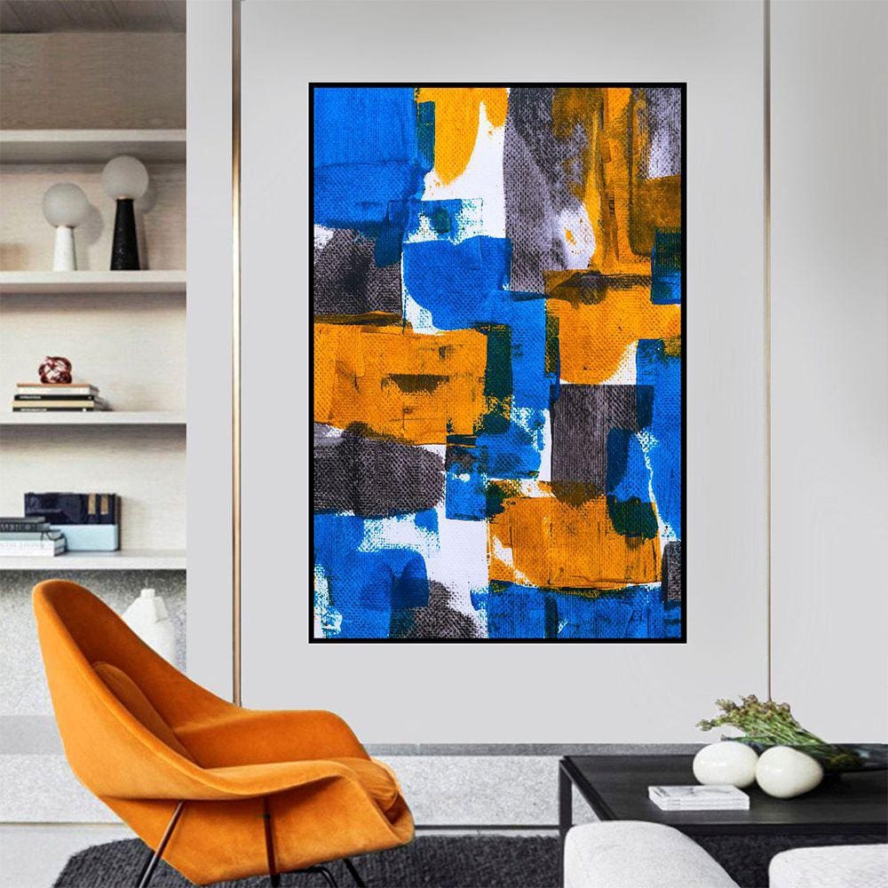 Quadro Canvas Pint Abst Azul , Amarelo, Preto 90x60