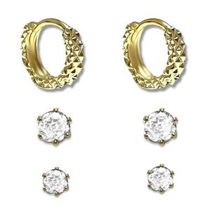Trio de Brincos Argolinha Texturizada e Duas Zirconias Banhado a Ouro 18K