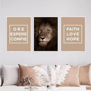 Kit 3 Quadros Leão Ore Espere Confie 33X24Cm - Vidro Branca