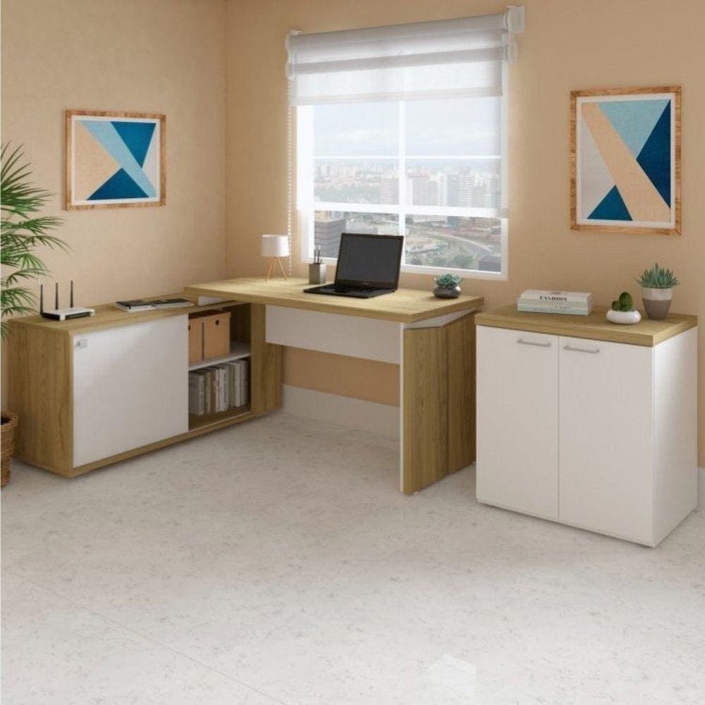 Mesa para Escritório em L Diretor 1 Porta 2 Nichos com Armário Baixo Tamburato Toq Espresso Móveis Olmo/Branco