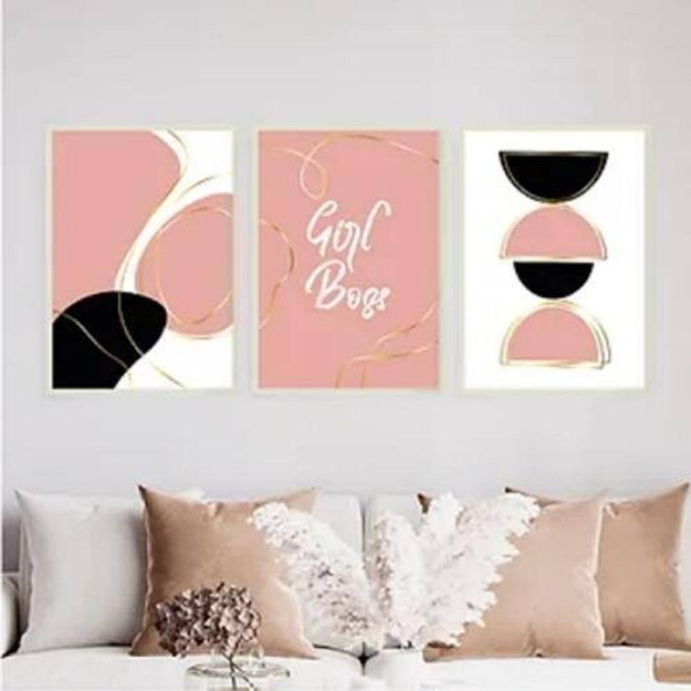 Kit 3 Quadros Abstratos Girl Boss Rosa 33X24Cm Vidro Branca