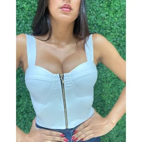 Cropped Slim Com Zíper na Frente Básico Branco