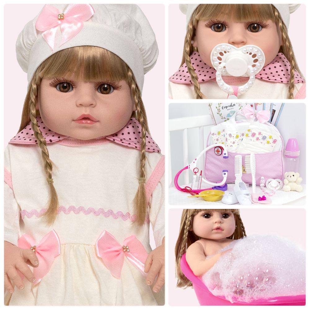 Boneca Bebe Reborn Menina 100% Silicone Enxoval + 24 Itens