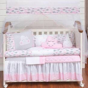Kit Protetor Berço Nuvem Rolinho Rosa Menina Bebê 11 Peças