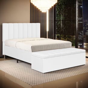Cabeceira Nashira e Calçadeira Baú Navi 140 para Cama de Casal A-013 Couro Branco Aradecor