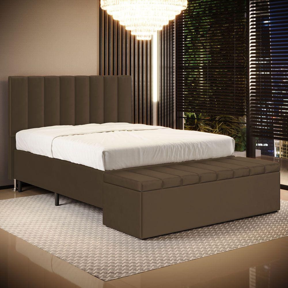 Cabeceira Nashira e Calçadeira Baú Navi 140 para Cama de Casal N-029 Veludo Capuccino Aradecor