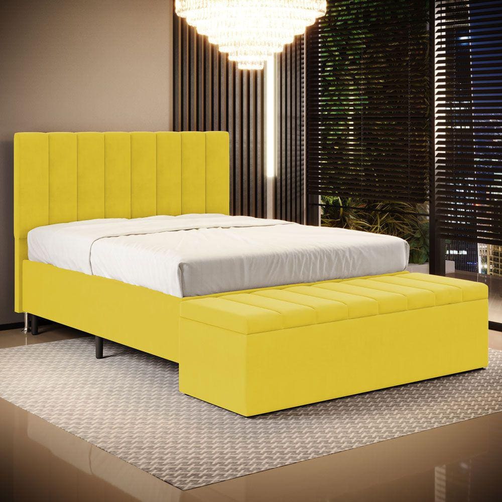 Cabeceira Nashira e Calçadeira Baú Navi 160 para Cama Queen Z-004 Sued Amarelo Aradecor