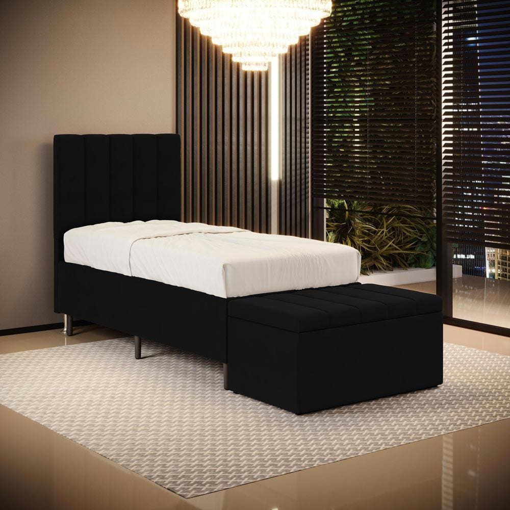 Cabeceira Nashira e Calçadeira Baú Navi 90 para Cama de Solteiro Z-005 Sued Preto Aradecor