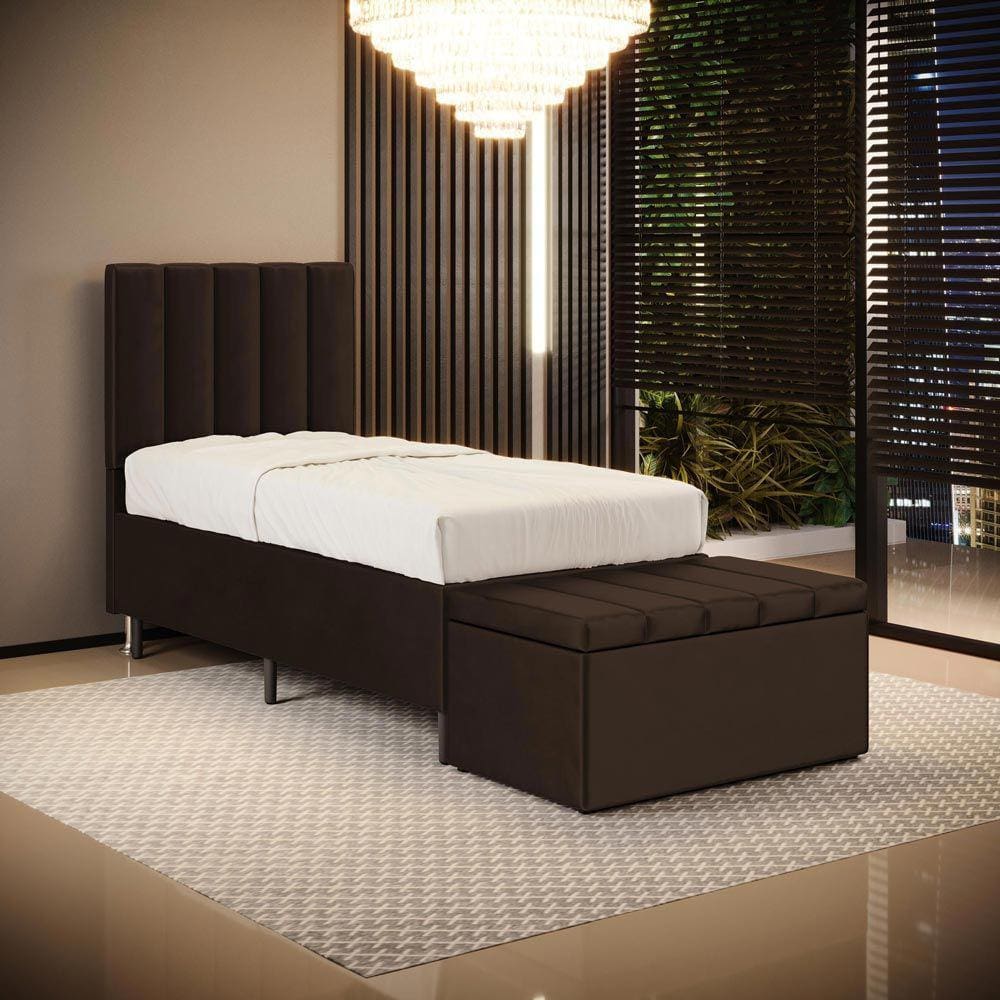 Cabeceira Nashira e Calçadeira Baú Navi 90 para Cama de Solteiro N-027 Veludo Marrom Chocolate Aradecor
