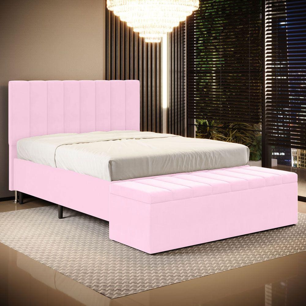 Cabeceira Nashira e Calçadeira Baú Navi 140 para Cama de Casal Z-021 Sued Rosa Bebê Aradecor