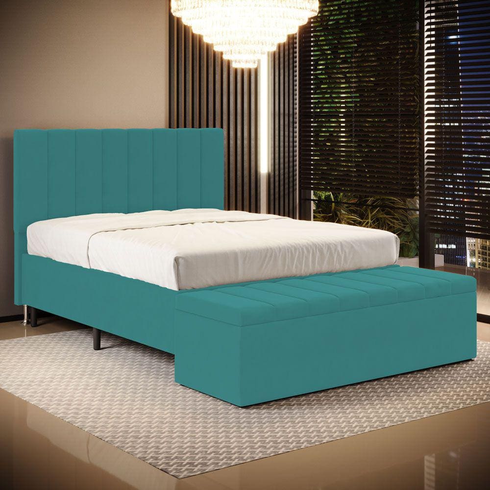 Cabeceira Nashira e Calçadeira Baú Navi 140 para Cama de Casal Z-016 Sued Azul Turquesa Aradecor