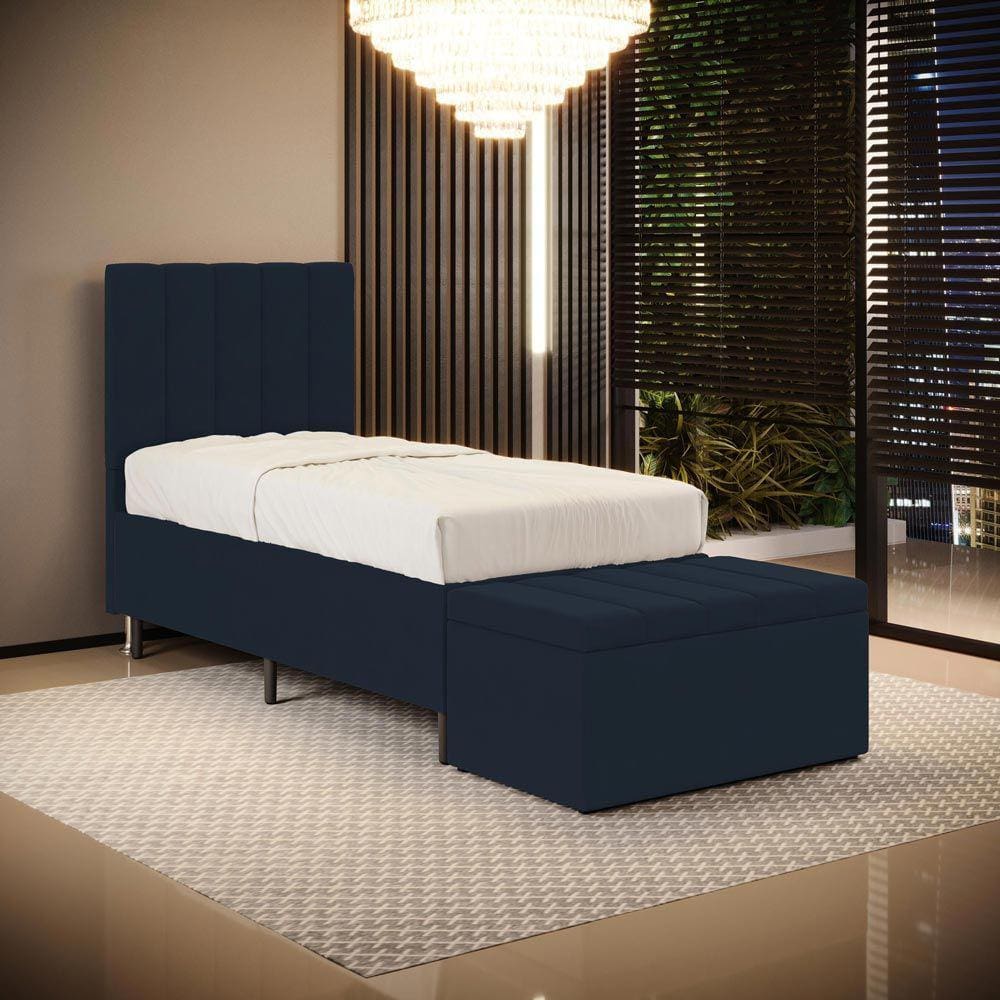 Cabeceira Nashira e Calçadeira Baú Navi 90 para Cama de Solteiro Z-007 Sued Azul Marinho Aradecor