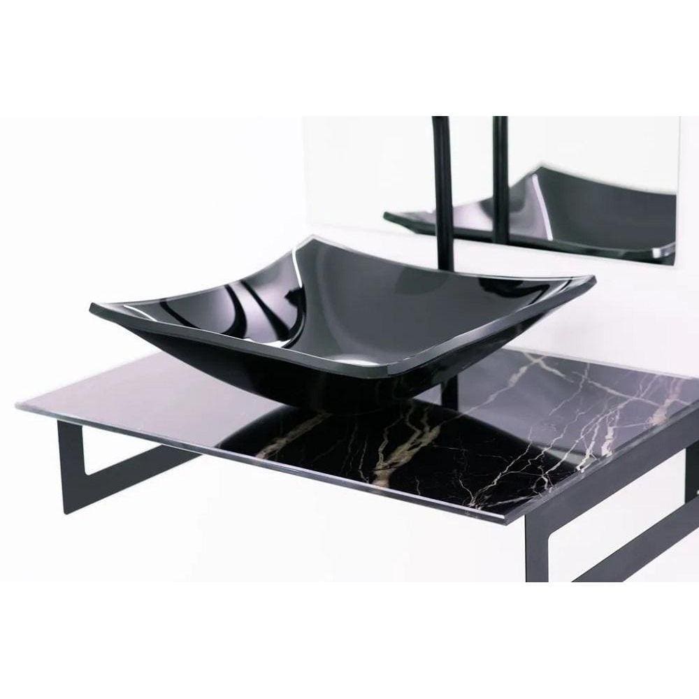 Gabinete De Vidro 50Cm Mármore Preto + Torneira Metal Preta