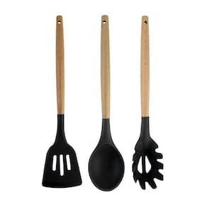Kit Utensílios Silicone Com Cabo De Madeira 3 Peças - Preto
