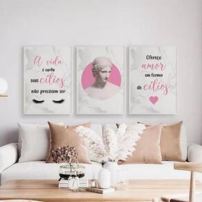 Kit 3 Quadros Amor Em Forma De Cílios 24X18 C/Vidro - Branca