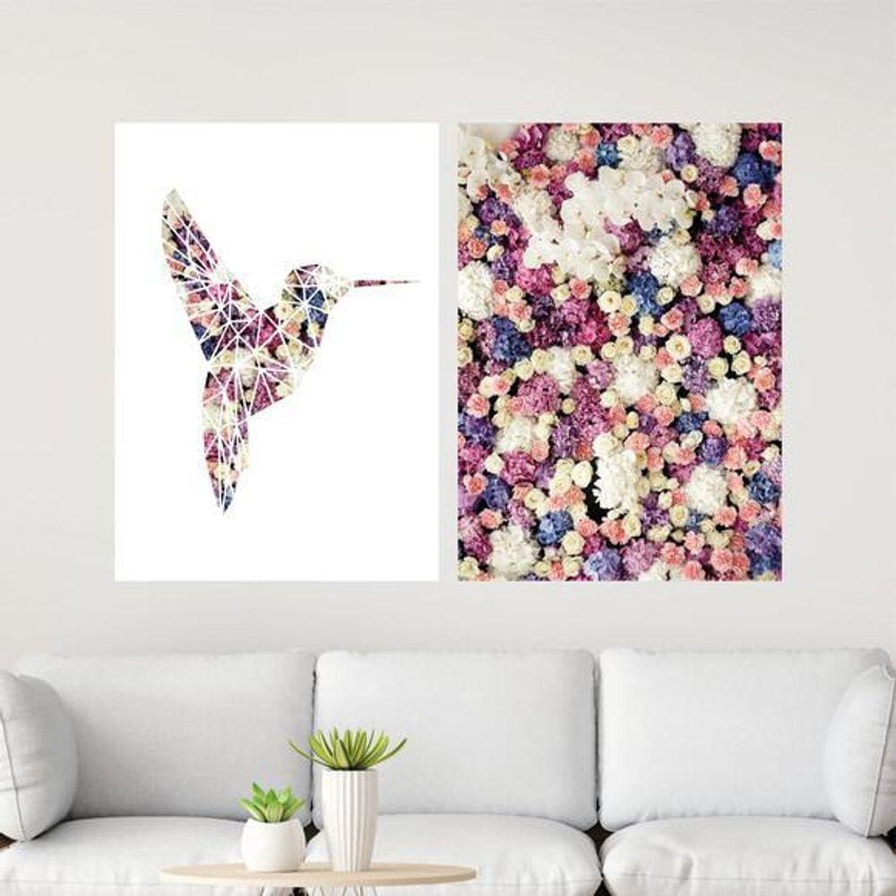 Kit 2 Quadros Beija-Flor Com Flores 45X34Cm Moldura Branca