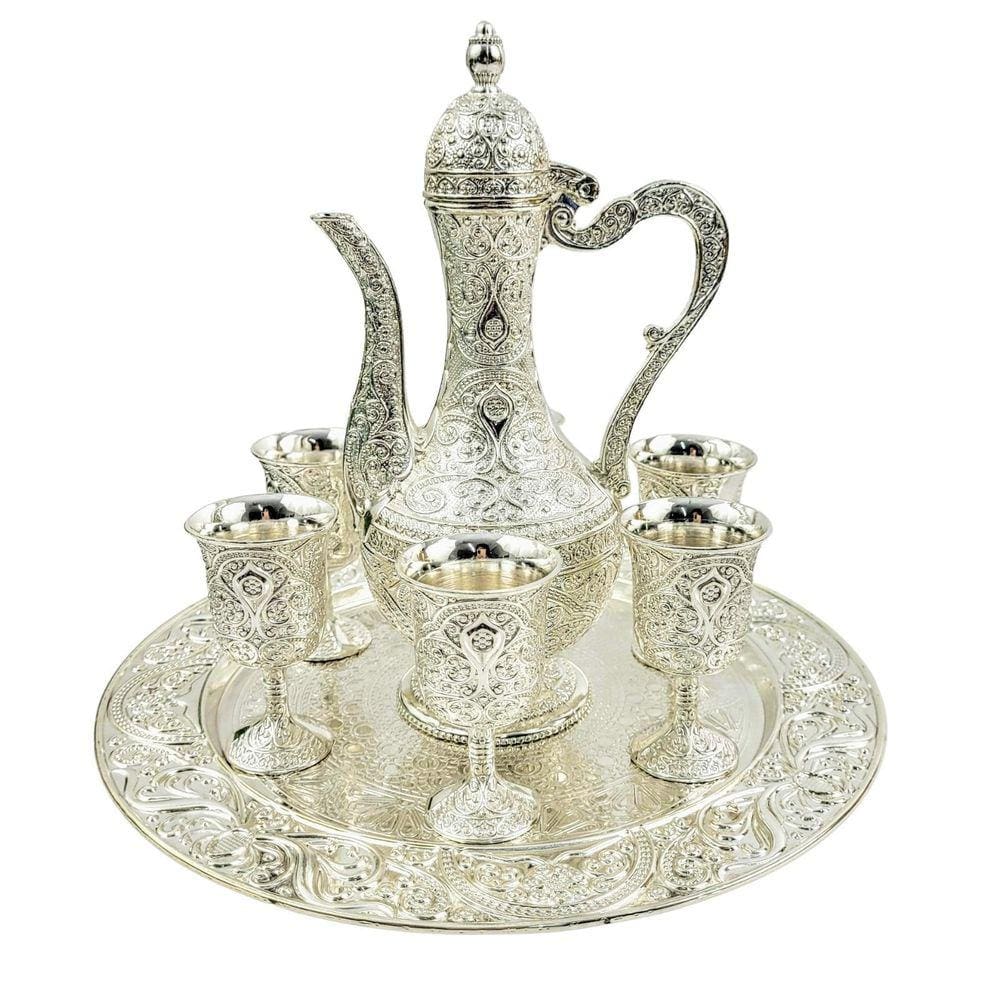 Jogo Para Vinho Prata Decorativo 8Pc 24Cm Prato Taça Jarra