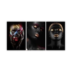 Quadros Decorativos Mulhere Negras Maquiagem Dourada 180X60