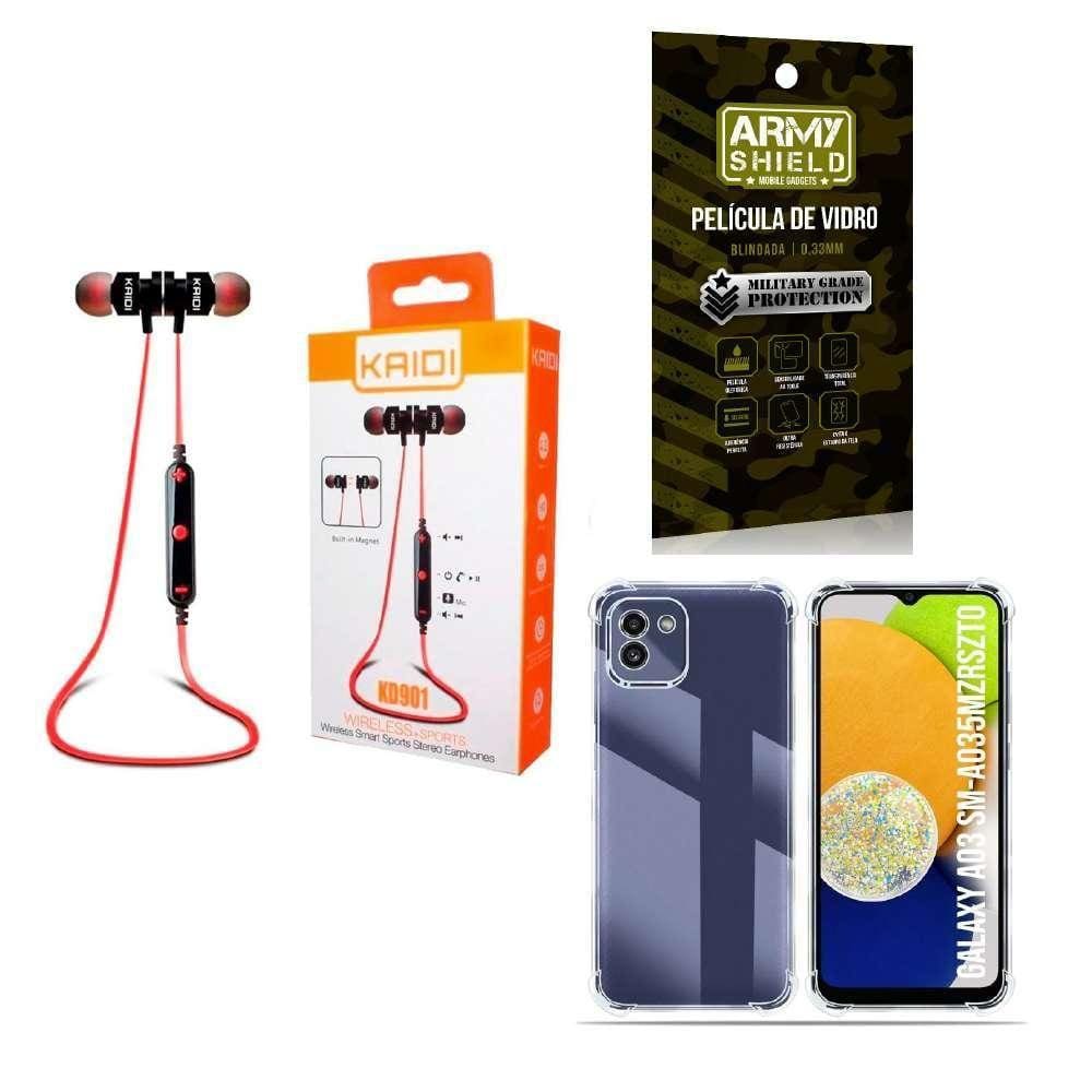 Kit Capa Samsung A03 + Fone Esportivo E Película De Vidro 3D
