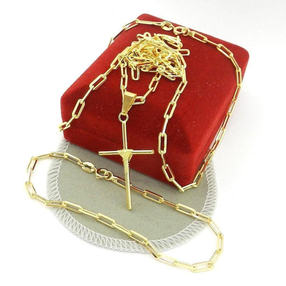 Corrente Masculina 60Cm 3Mm Cruz Pulseir Folheado Ouro Cr679