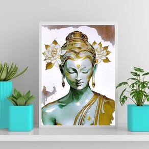 Quadro Buda Branco Com Dourado 45X34Cm - Vidro Branca