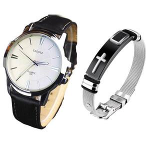 Relógio Masculino Yazole 332 Couro Preto + Pulseira Em Aço