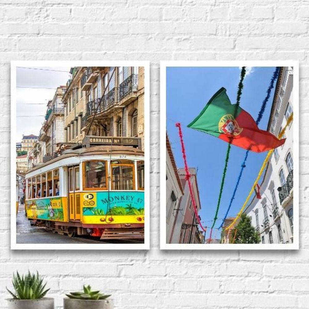 Kit 2 Quadros Fotografias Portugal 45X34Cm Com Vidro Branca