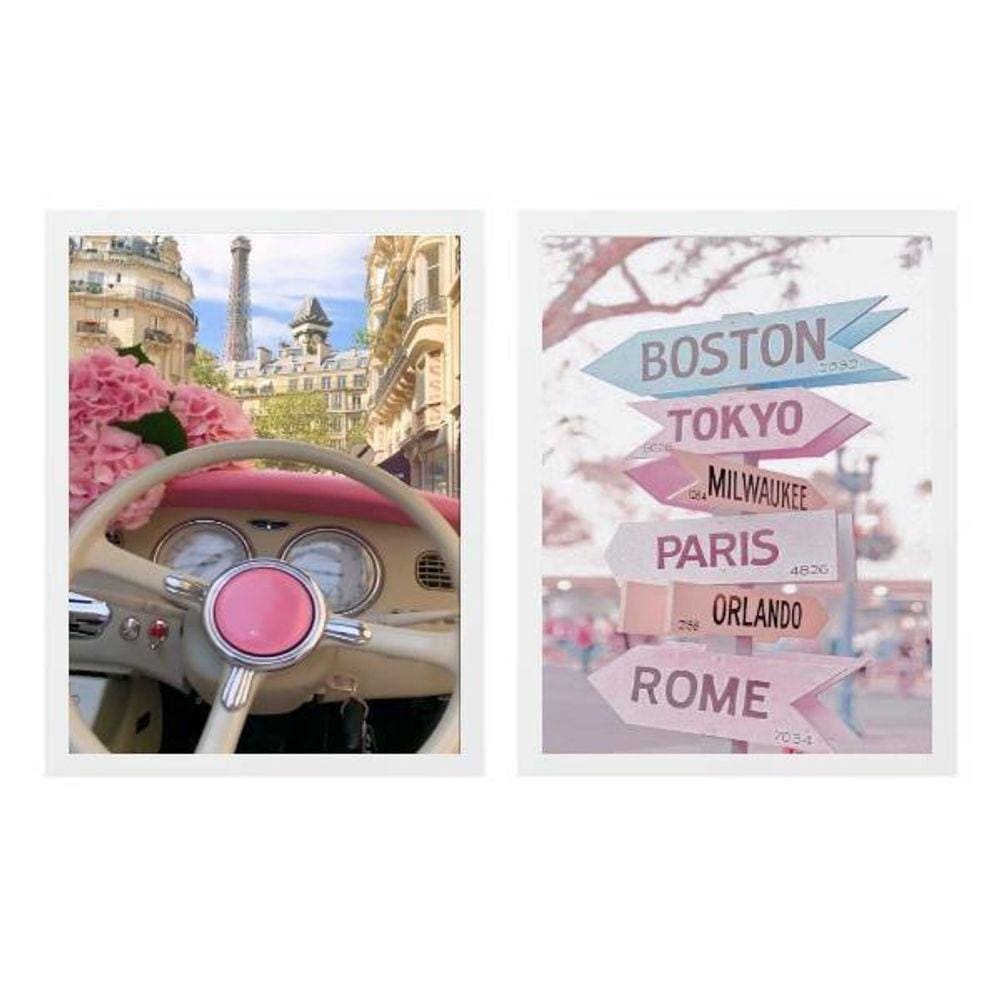 Kit 2 Quadros Femininos Placas Destinos 33X24Cm - Com Vidro