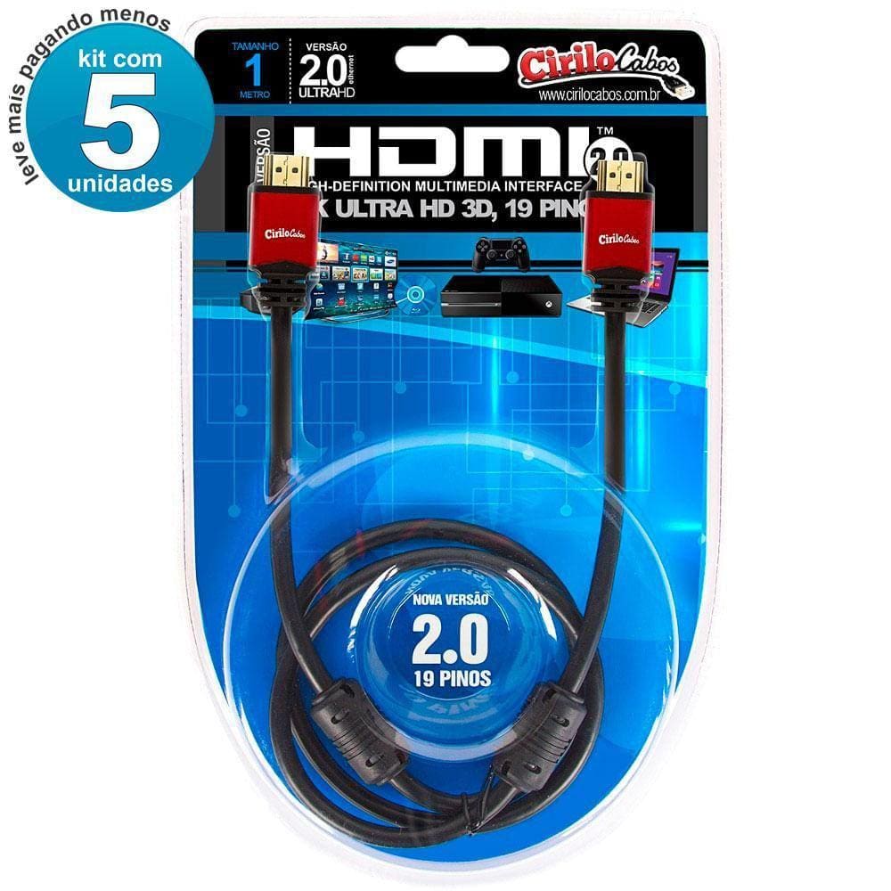 Kit 5 Cabos Hdmi 2.0 19 Pinos Ethernet, 4K - 1 Metro