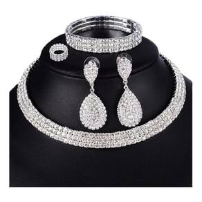 Conjunto Colar Chocker Pulseira Brinco Anel Noiva Strass