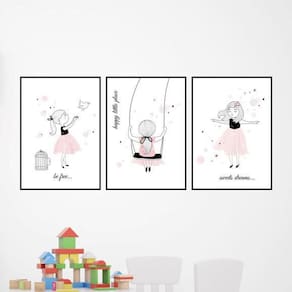 Kit Quadro Decorativo Menina Balanço E Pássaro 45X34 3 Peças