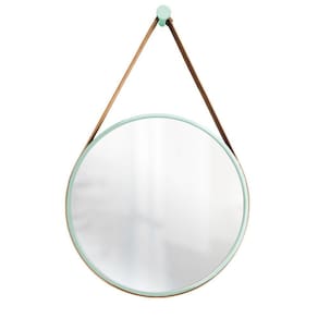 Espelho Decorativo Adnet Verde Alça Corino Caramelo 30Cm