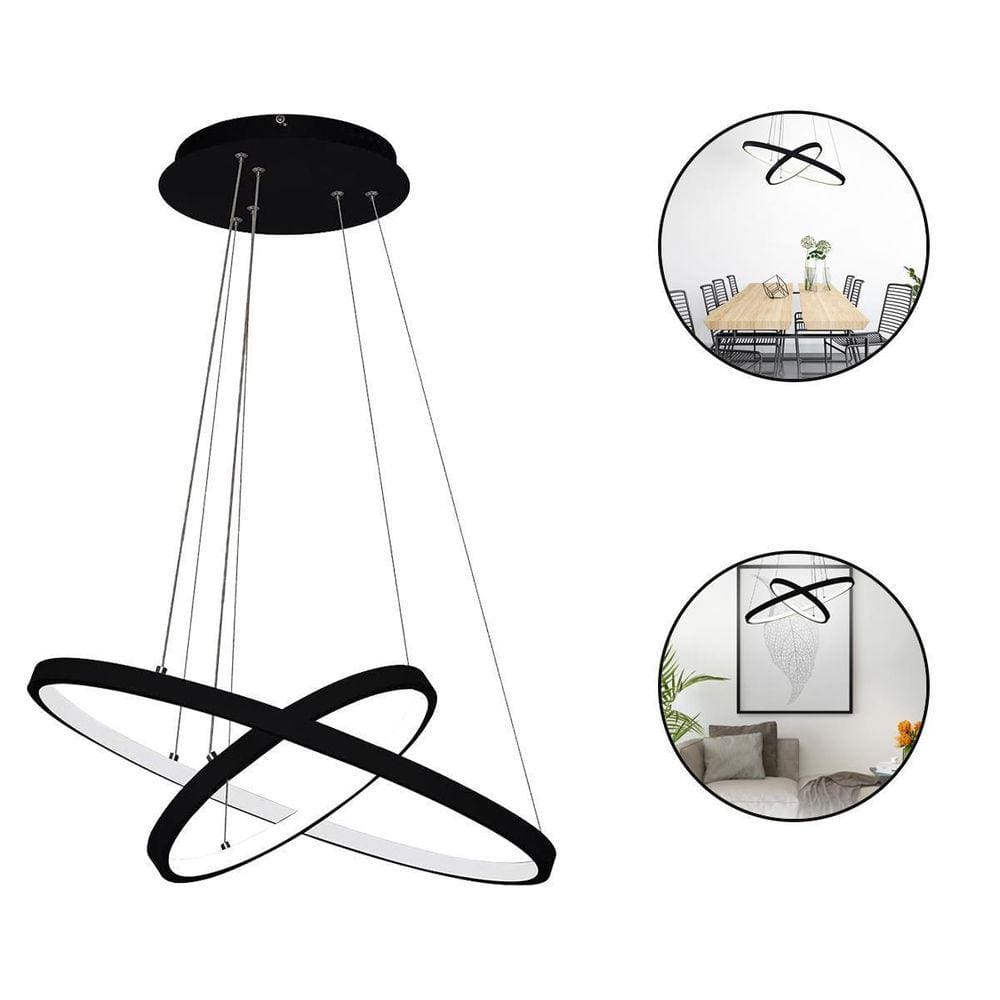 Lustre Pendente Ring Aros 2 Aneis 60Cm Led 3000K Preto 60W
