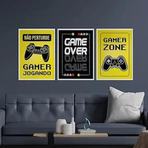Kit 3 Quadros Gamer Zone Amarelo E Preto 24X18Cm - Com Vidro