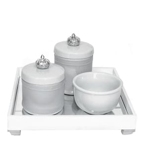 Kit Higiene Bebê Bandeja Pote Porcelana Coroa Prata Prateado