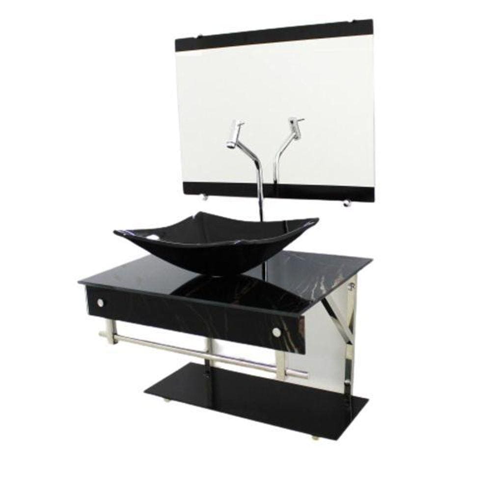Gabinete Vidro 60Cm Iqx Inox Cuba Retangular Mármore Preto