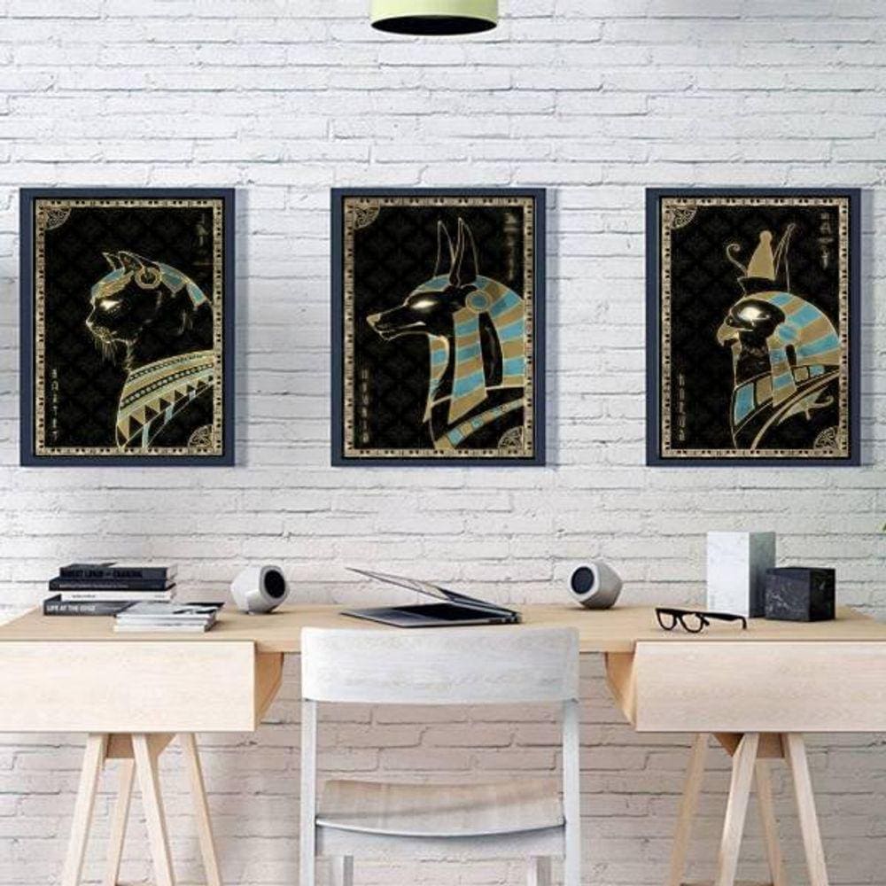 Kit 3 Quadros Místicos Animais Egípcios 24X18 Moldura Preta