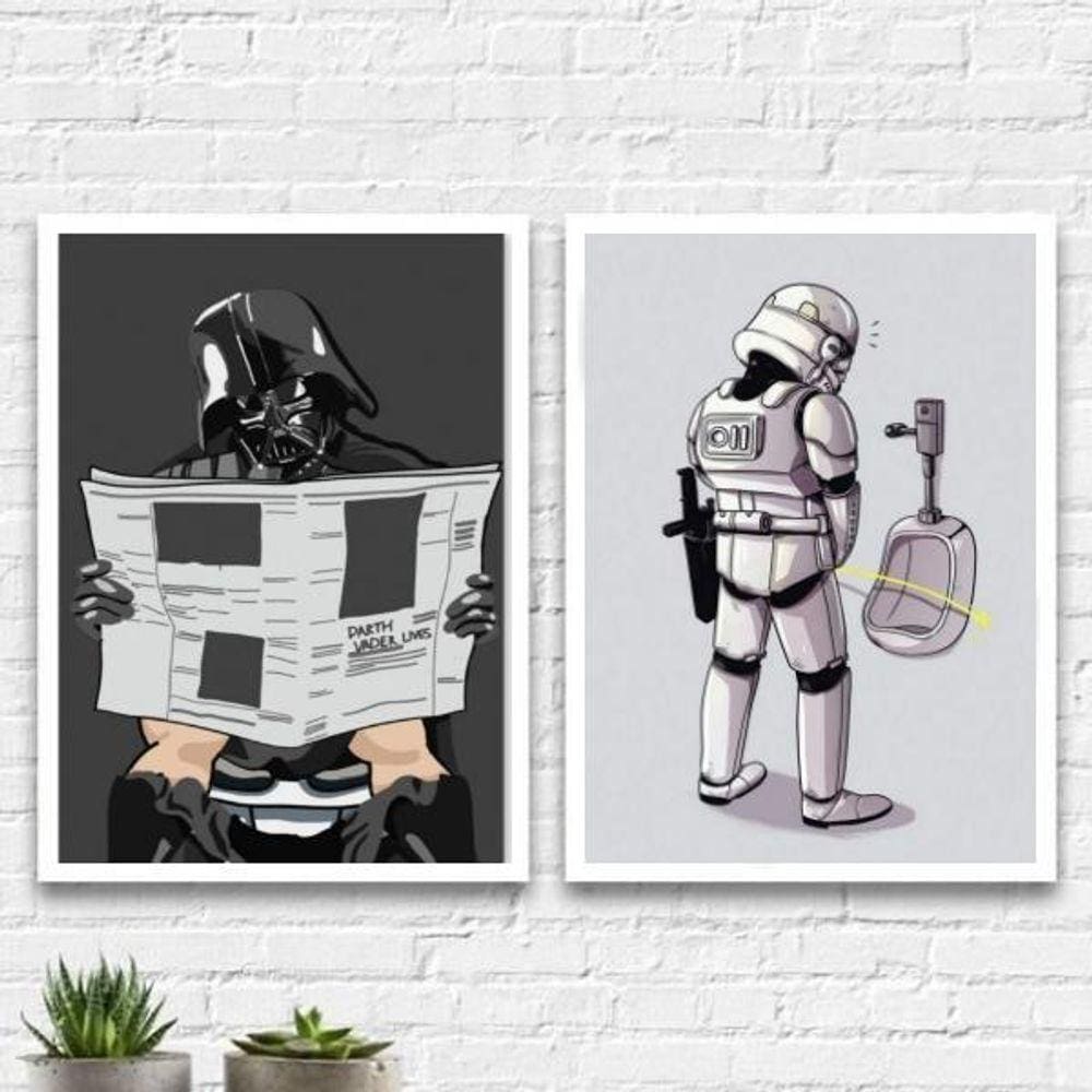 Kit 2 Quadros Divertidos Banheiro Masculino 33X24Cm Branca