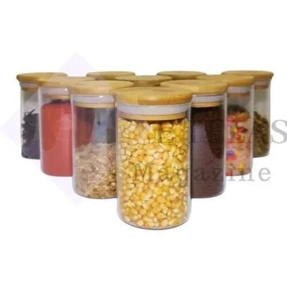 Kit 10 Potes Porta Mantimentos De Vidro Tampa De Bambu 150Ml