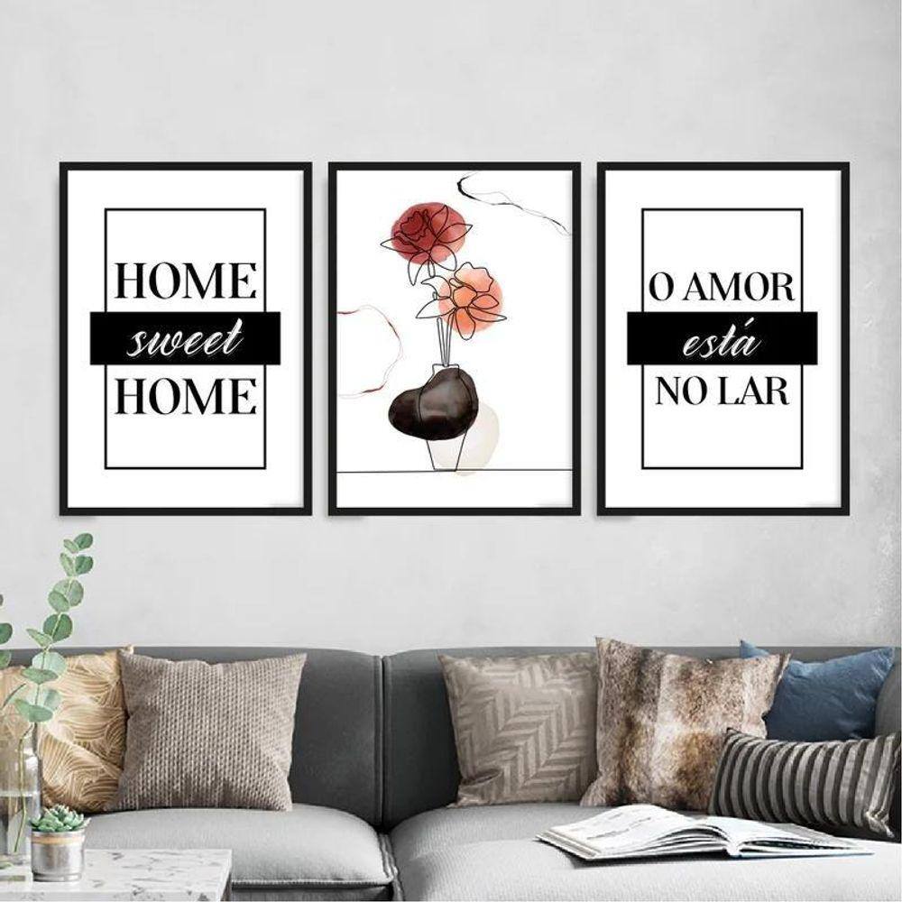 Kit 3 Quadros Home Sweet Home- Flor 24X18Cm - Com Vidro
