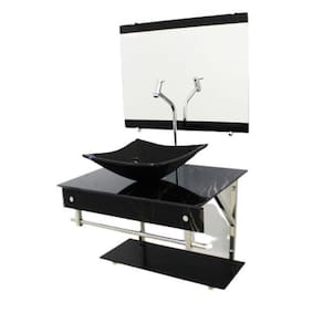 Gabinete De Vidro 60Cm Iqx Inox Cuba Quadrada Mármore Preto